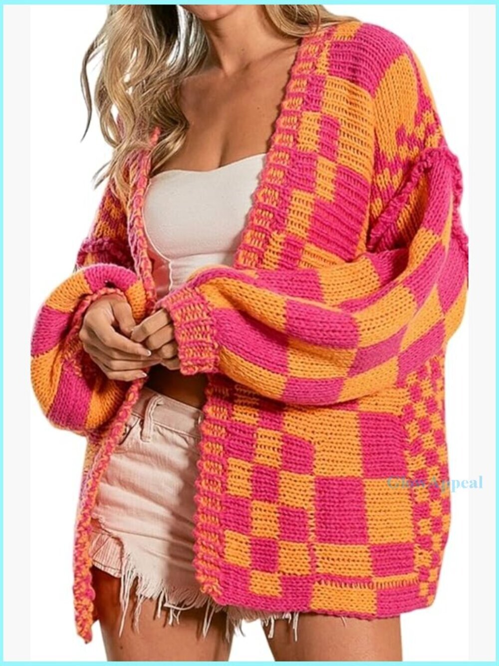 Chunky Knit Cardigan Sweater Open Front Plaid Pattern Long Sleeve Oversized
